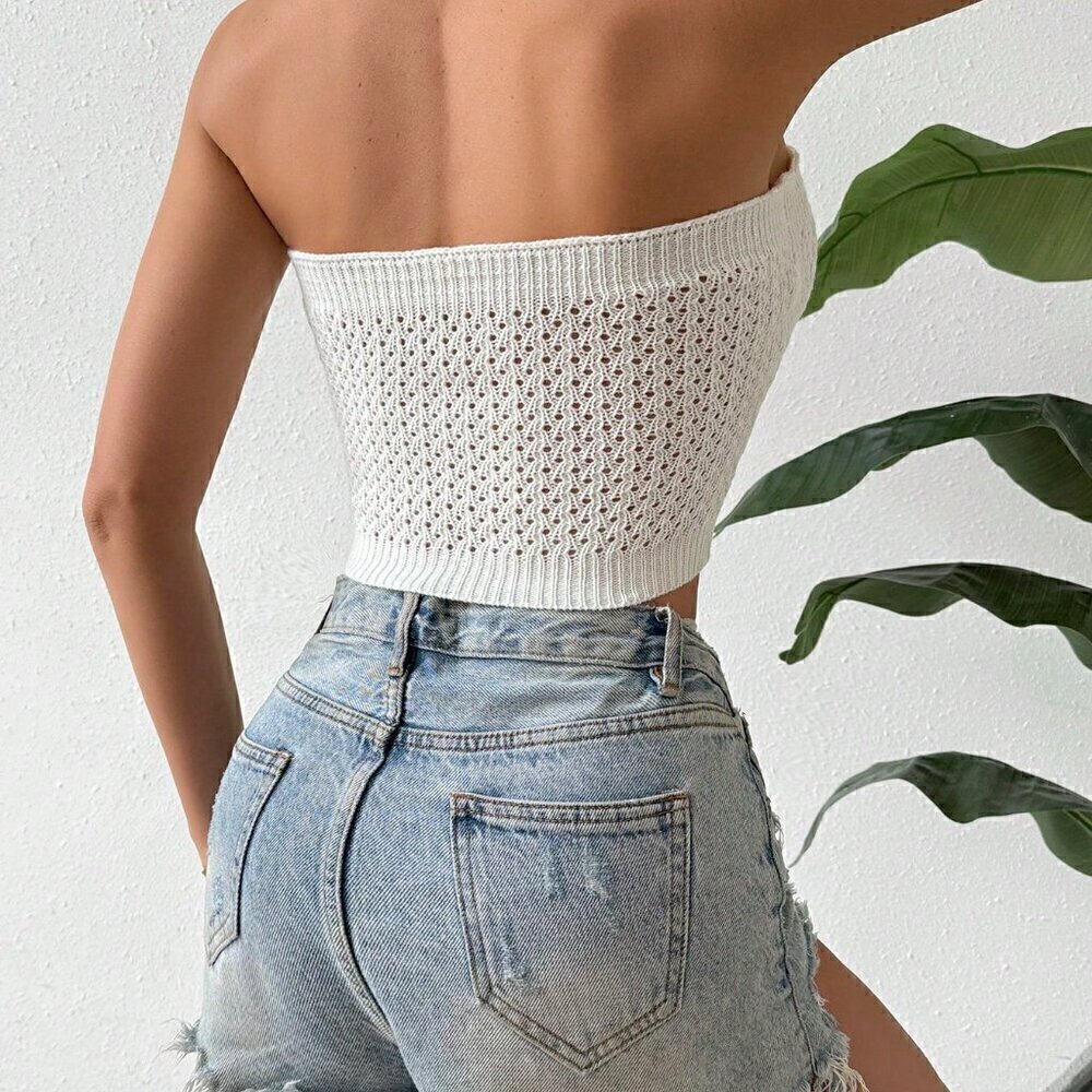White Casual Women's Fashionable Sexy Hollow Out Vacation Style Knitted Tank Top - Picture 2 of 5